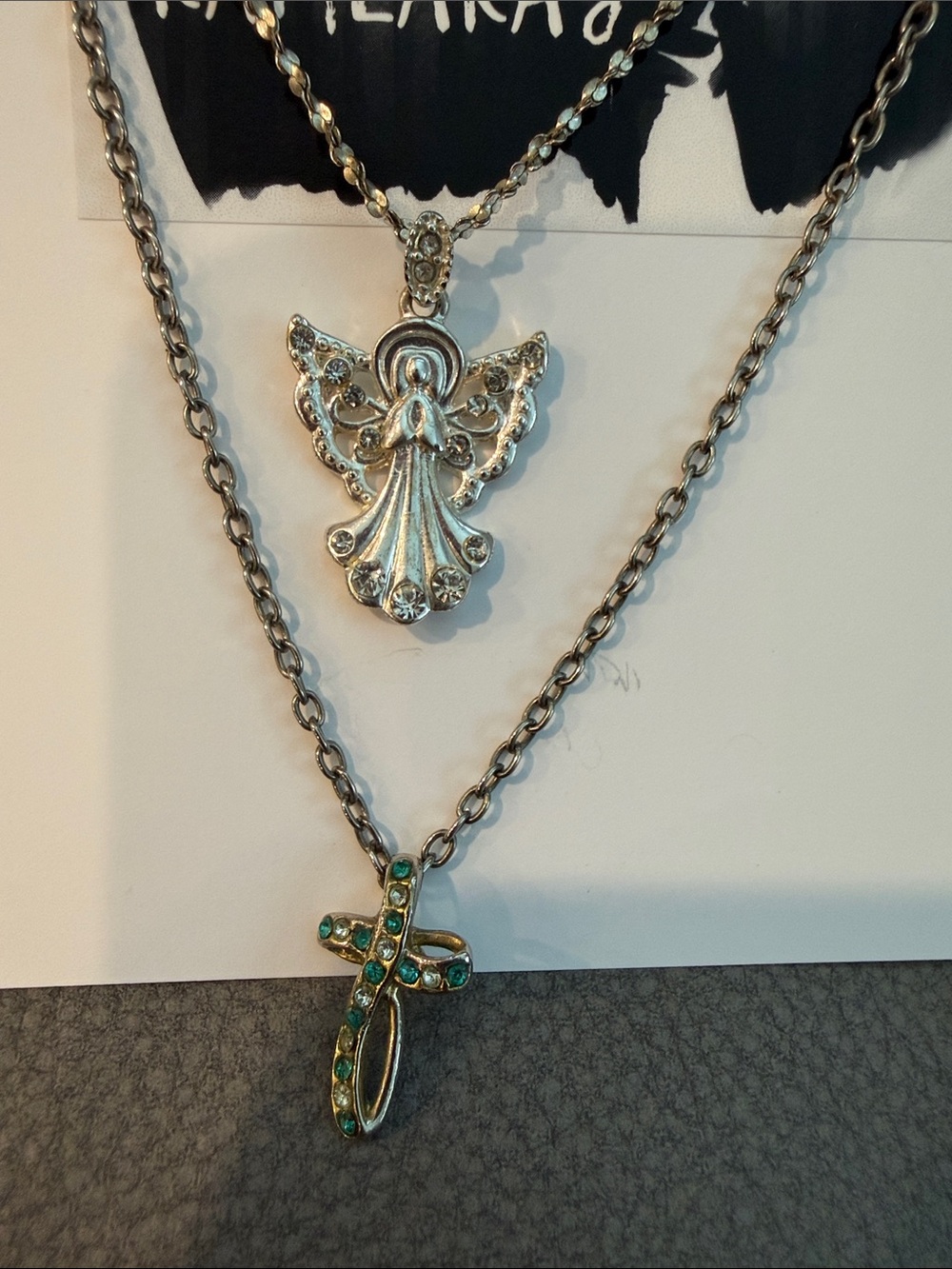Kameakay Silver Layered Angel and Cross Necklace with Green Stones